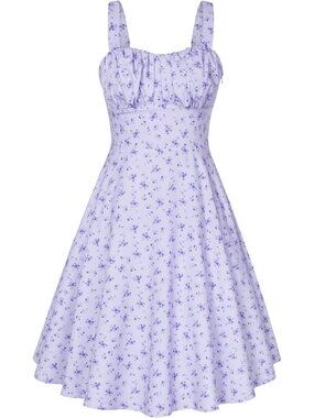 Women's Light Purple Floral Vintage A-Line Midi Cocktail Dress Spaghetti Strap